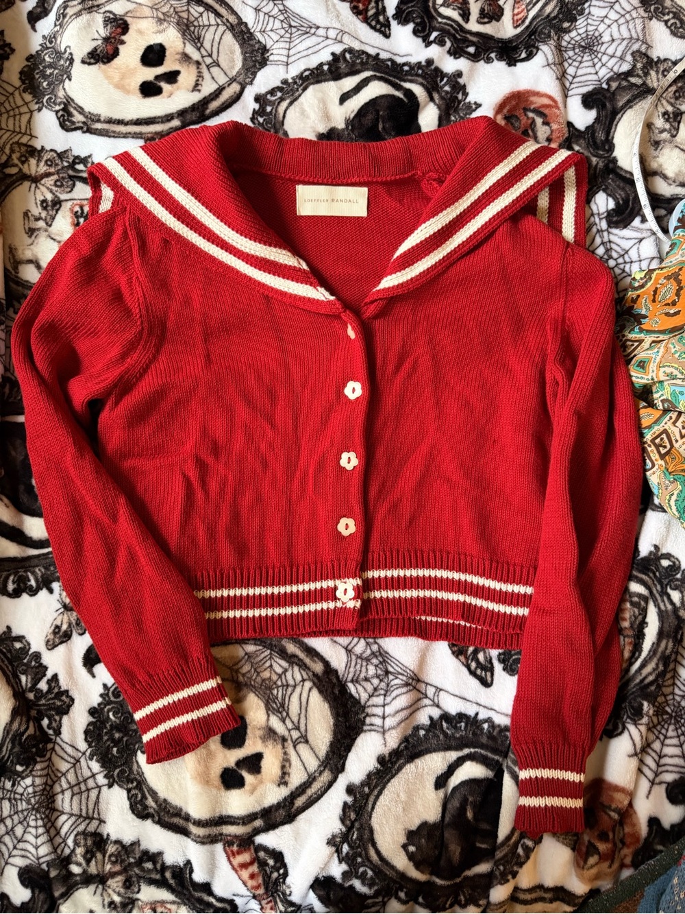 Loeffler Randall Red Sailor-Stripe Cotton Cardigan cropped Sweater
